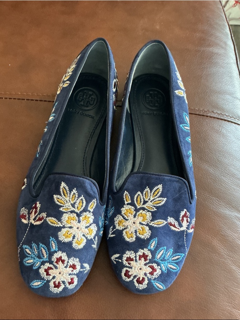 Tory Burch Navy Suede Floral Embroidered Loafers